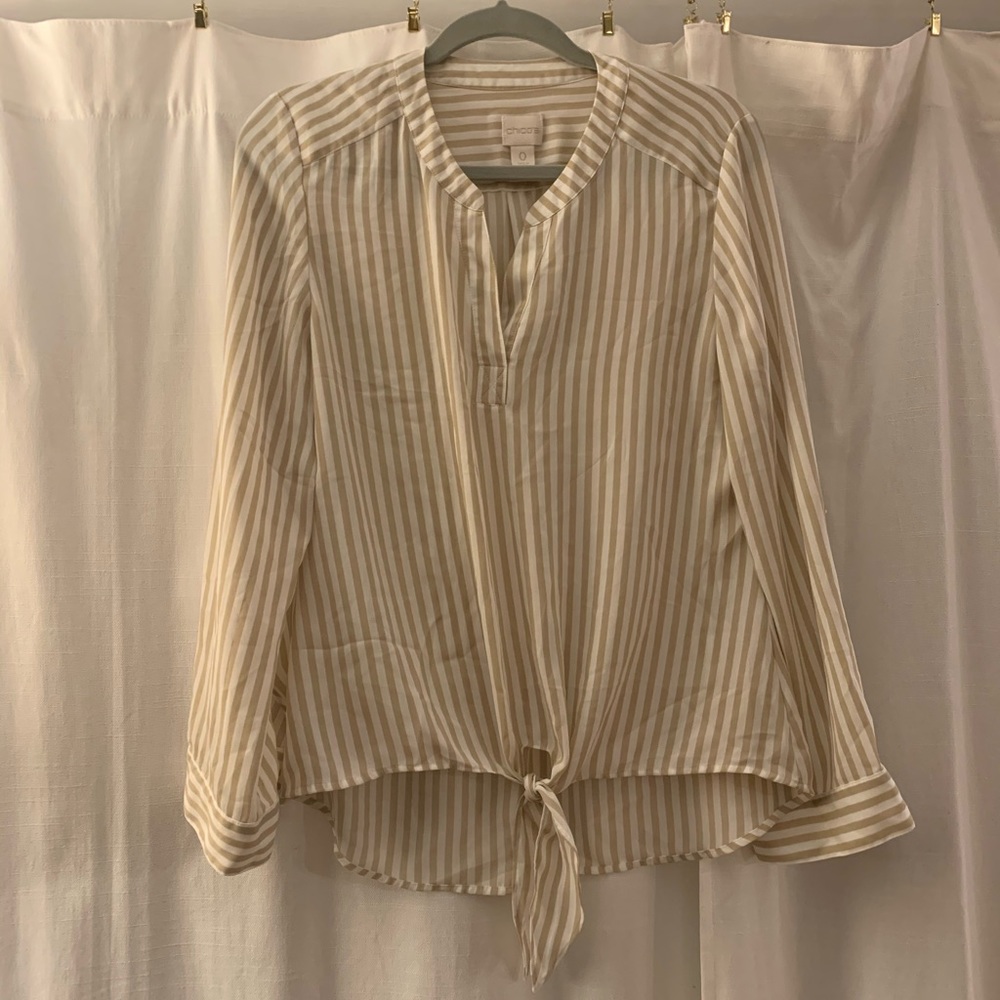 Chico’s 0 S Roll Tab Tie Front Blouse, Tan and White Stripe